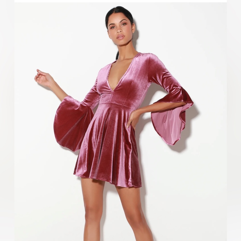 Lulu's Rose Velvet Flare Sleeve Mini Dress